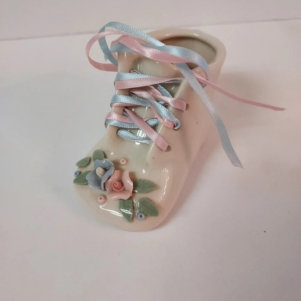 Vintage Pelican Porcelain Baby Shoe Lace Up Pink and Blue Ribbon